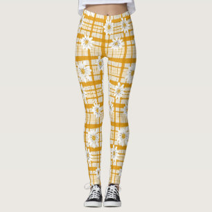 White Daisy Floral Pattern on Yellow Gingham Leggings