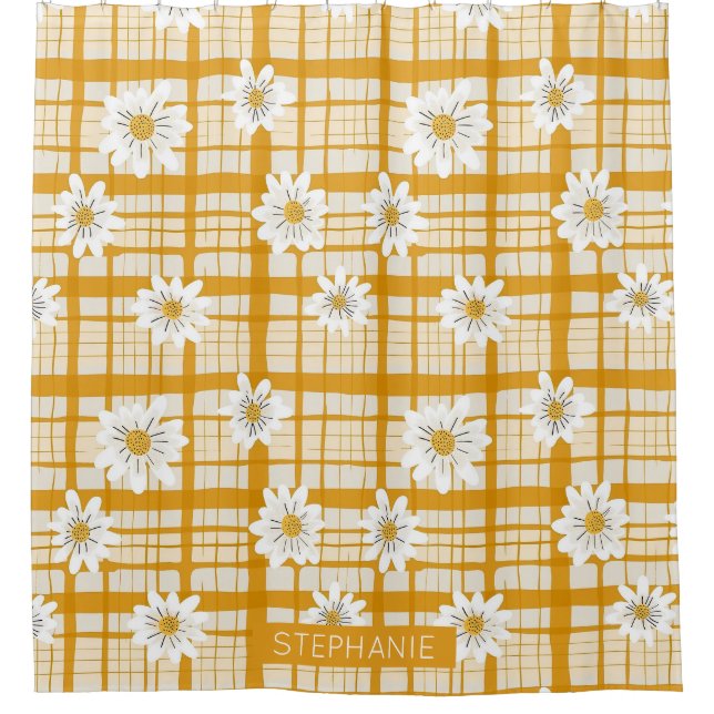 White Daisy Floral Pattern on Yellow Gingham Shower Curtain (Front)