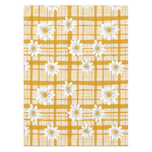 White Daisy Floral Pattern on Yellow Gingham Tablecloth