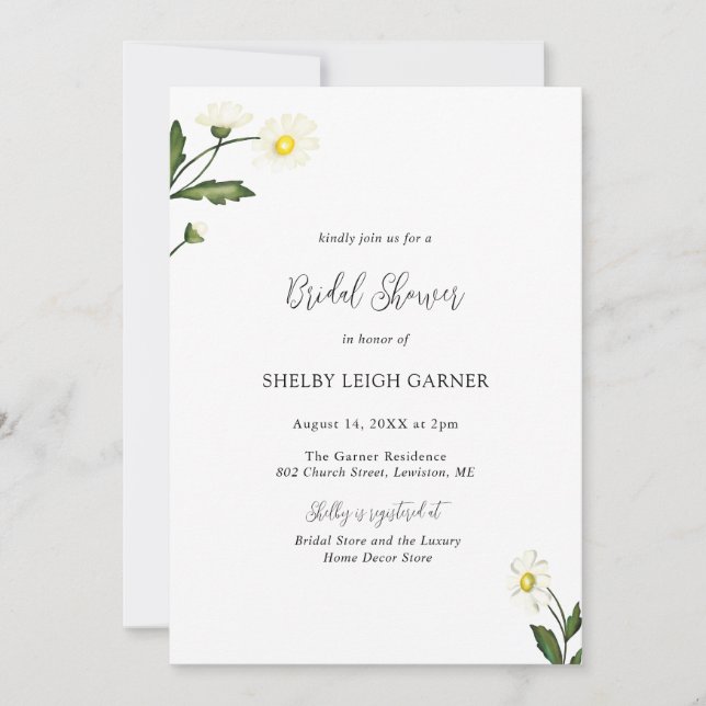 White Daisy Floral Rustic Bridal Shower Invitation (Front)