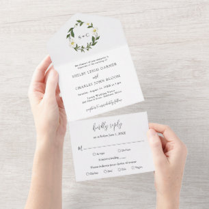 White Daisy Floral Rustic Wedding All In One Invitation