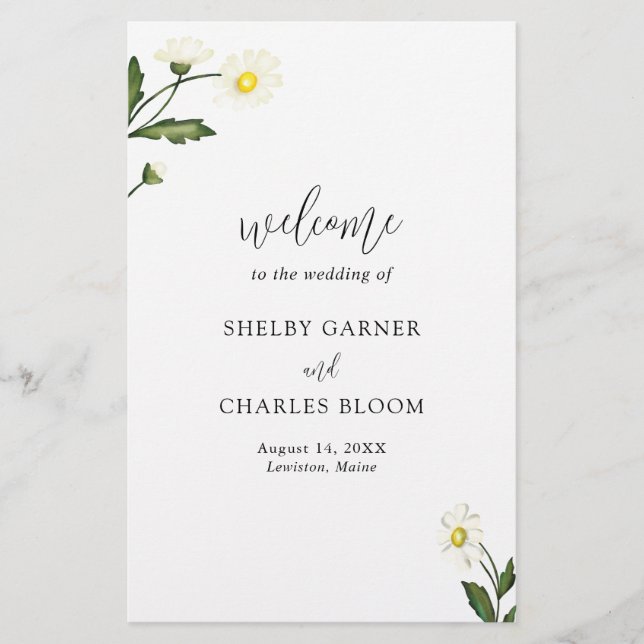 White Daisy Floral Rustic Wedding Program (Front)