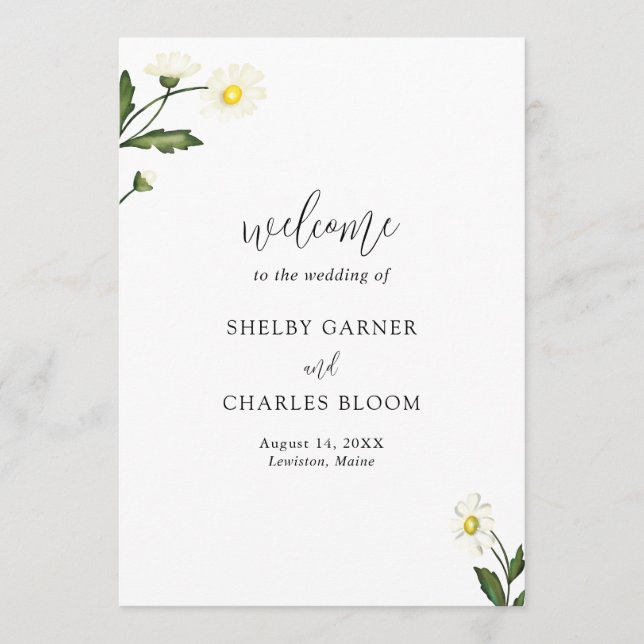 White Daisy Floral Rustic Wedding Programme (Front)