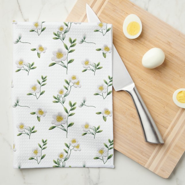 White Daisy Floral  Tea Towel (Quarter Fold)