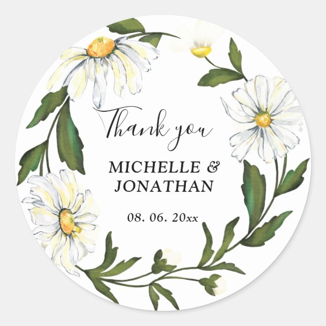 White Daisy Floral Wreath Thank You Wedding Classic Round Sticker (Front)