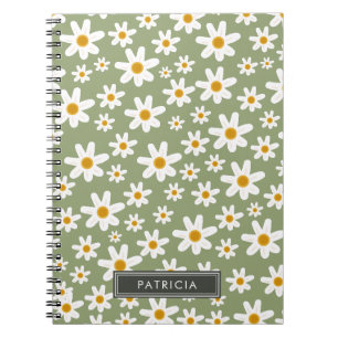 White Daisy Florals Pattern Green Personalised Notebook