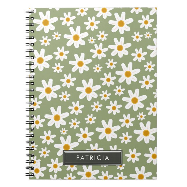 White Daisy Florals Pattern Green Personalised Notebook (Front)