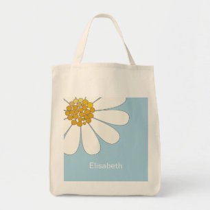 White Daisy Flower and Blue Personalise Name  Tote Bag