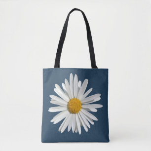 White Daisy Flower Blossom - Trendy Fashion Blue Tote Bag