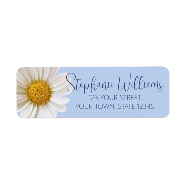 White Daisy Flower Blue Return Address Label (Front)
