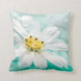 White Daisy Flower Blue Water Pond Aqua Turquoise Cushion