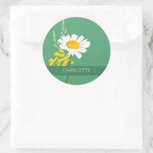 White Daisy Flower Custom Name  Classic Round Sticker