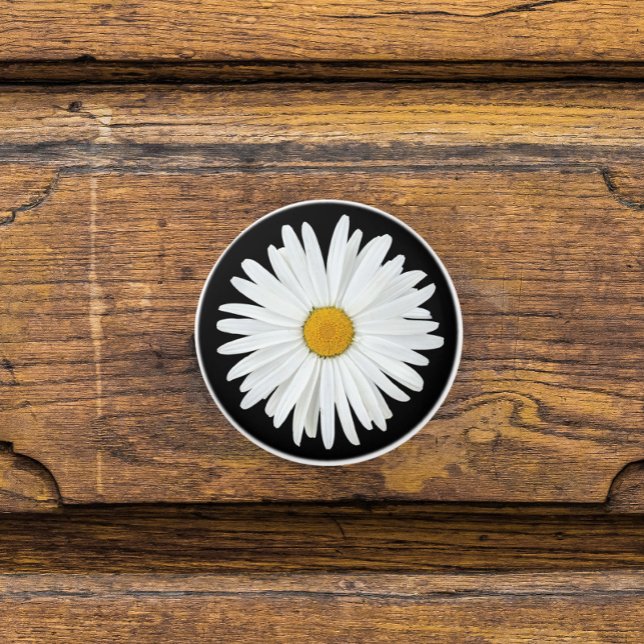 White Daisy Flower on Black Floral Ceramic Knob (In Situ)