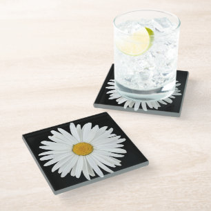 White Daisy Flower on Black Floral Glass Coaster