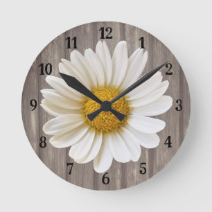 White Daisy Flower on Gray Wood Round Clock