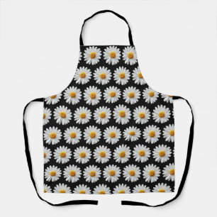White Daisy Flower Pattern Bold Black Apron