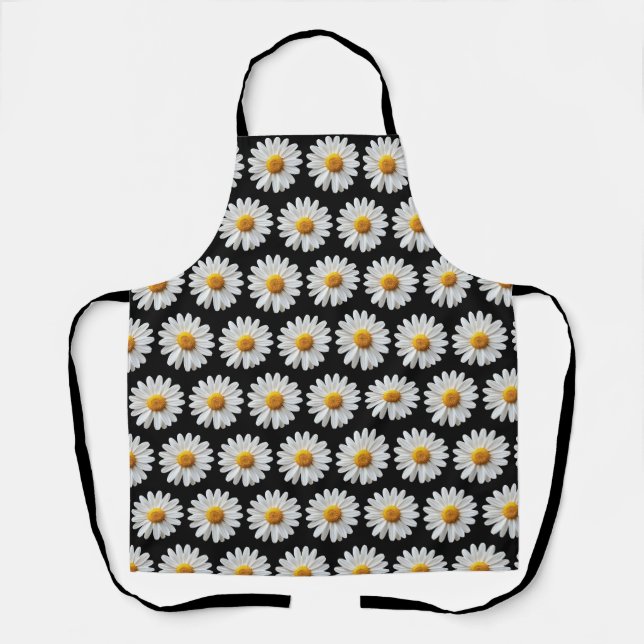 White Daisy Flower Pattern Bold Black Apron (Front)