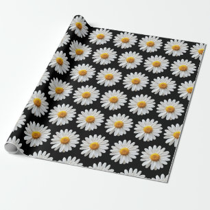 White Daisy Flower Pattern Bold Black Wrapping Paper