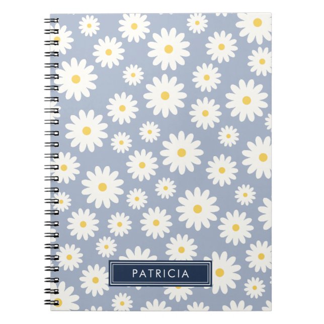 White Daisy Flower Pattern Dusty Blue Personalised Notebook (Front)