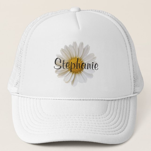 White Daisy Flower Personalised Floral Trucker Hat (Front)