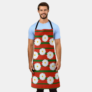 White Daisy Flower red Merry Christmas Holiday Apron