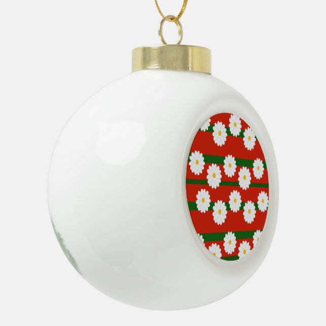 White Daisy Flower red Merry Christmas Holiday  Ceramic Ball Christmas Ornament (Left)