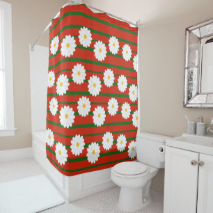 White Daisy Flower red Merry Christmas Holiday Shower Curtain