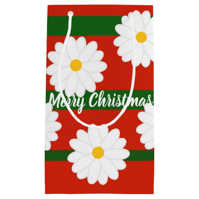 White Daisy Flower red Merry Christmas Holiday  Small Gift Bag (Front)