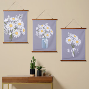 White Daisy Flowers Bouquet Lavender Set of 3 Hanging Tapestry
