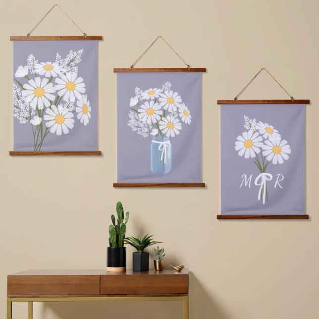 White Daisy Flowers Bouquet Lavender Set of 3 Hanging Tapestry (Asymmetrical)