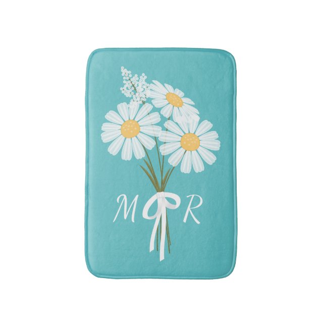 White Daisy Flowers Bouquet Monogram on Teal Bath Mat (Front Vertical)
