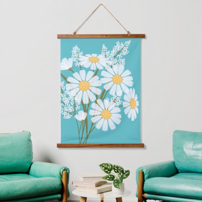 White Daisy Flowers Bouquet on Teal Hanging Tapestry (Living Room)