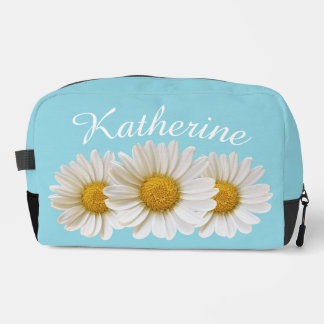White Daisy Flowers Custom Name Light Blue Dopp Kit