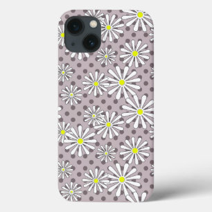 White daisy flowers on a beige brown polka dot iPhone 13 case