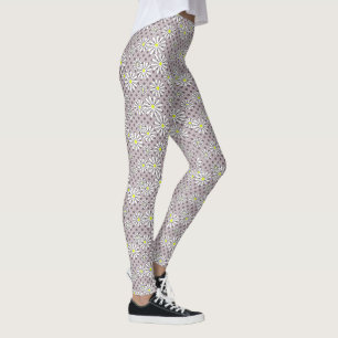 White daisy flowers on a beige brown polka dot leggings