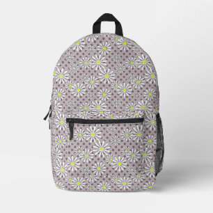 White daisy flowers on a beige brown polka dot printed backpack