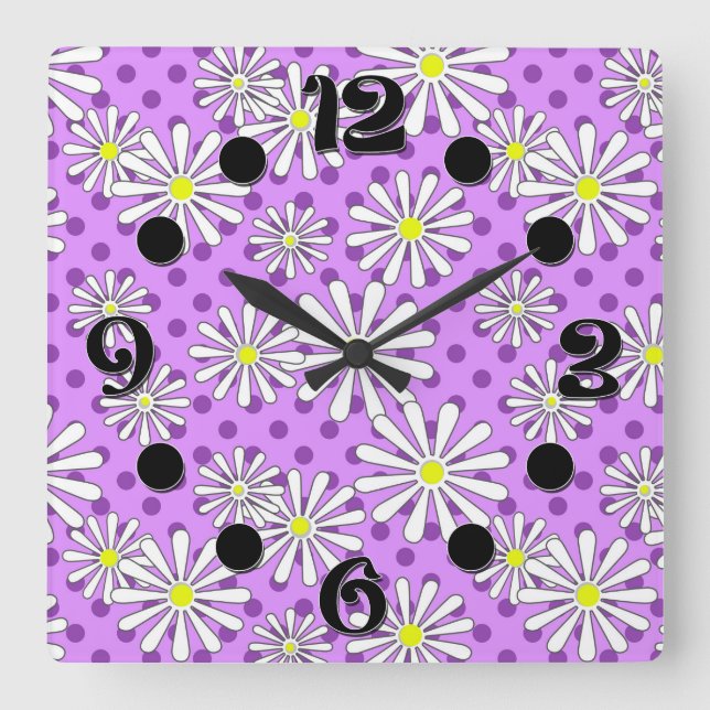 White daisy flowers on a polka dot background  square wall clock (Front)