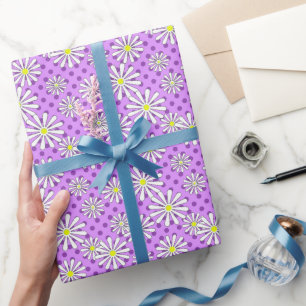 White daisy flowers on a polka dot background wrapping paper