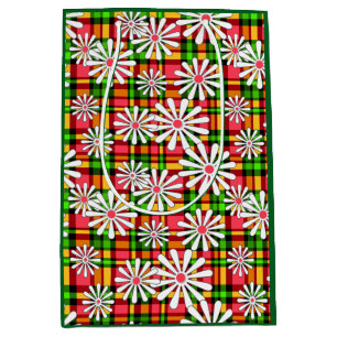 White daisy flowers on a red green checkered backg medium gift bag