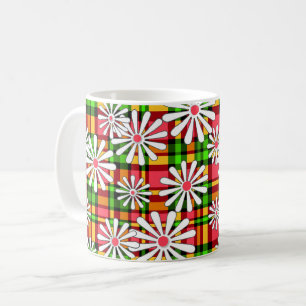 White daisy flowers on a red green chequered backg coffee mug