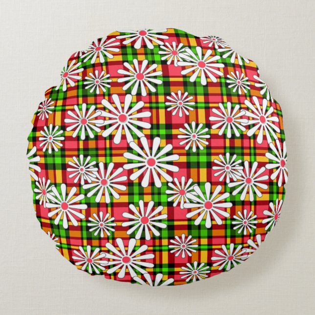 White daisy flowers on a red green chequered backg round cushion (Front)