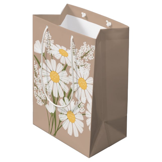 White Daisy Flowers on Beige Medium Gift Bag (Back Angled)