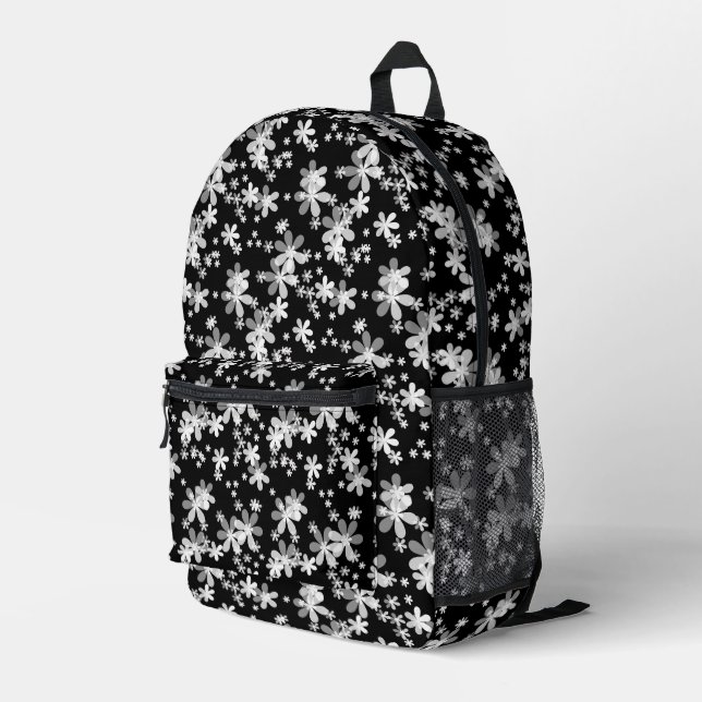 White daisy flowers on black background printed backpack (Back Corner Right)