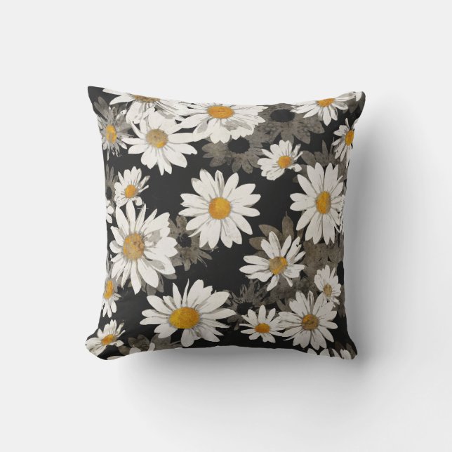 White Daisy Flowers on Black Cushion (Front)