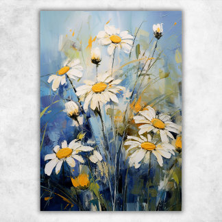 White Daisy Flowers on Blue | Botanical Floral Poster