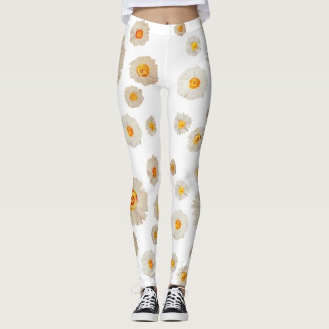 White Daisy Flowers pattern  Custom Leggings (Front)
