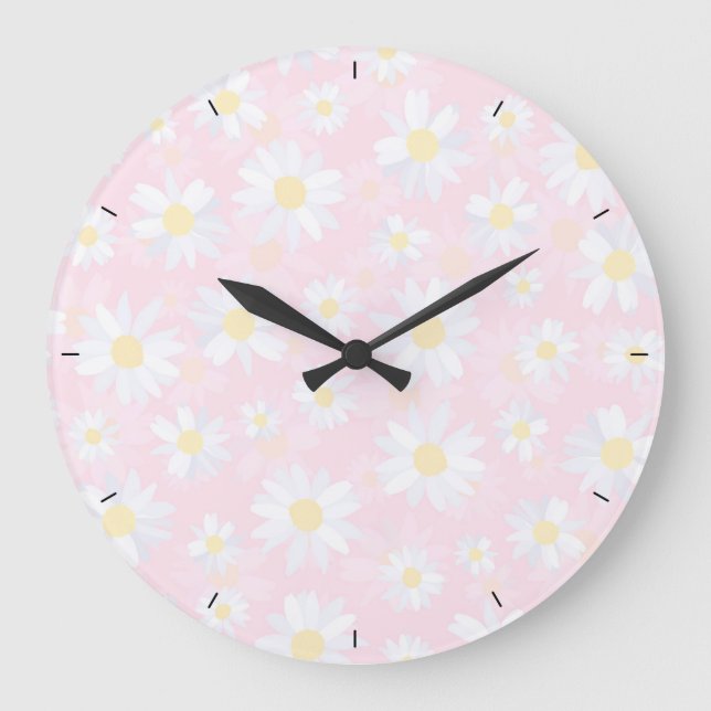 White Daisy Flowers Pink Floral Large Clock (Front)