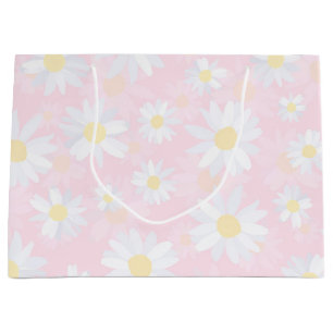 White Daisy Flowers Pink Floral Large Gift Bag