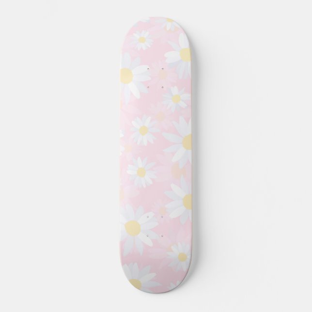 White Daisy Flowers Pink Floral Skateboard (Front)