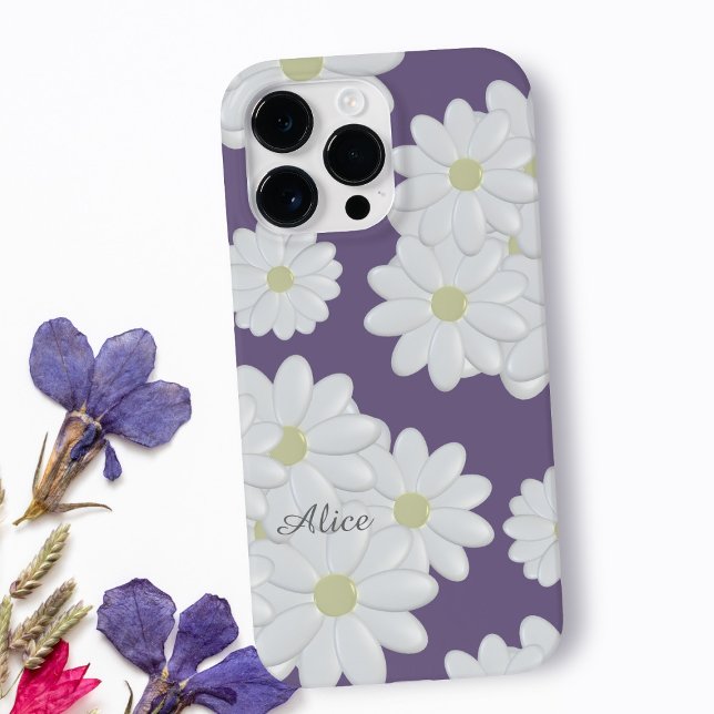 White Daisy Flowers Purple Name Cute Girly Floral Case-Mate iPhone Case (a pretty purple and white daisy pattern phone case with space for your name)